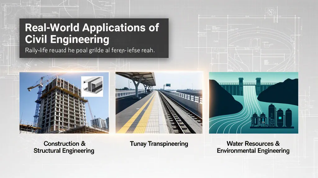 16:9 educational banner showing real-world applications of civil engineering with construction, transportation, and water infrastructure imagery and the text “Real-World Applications of Civil Engineering”.