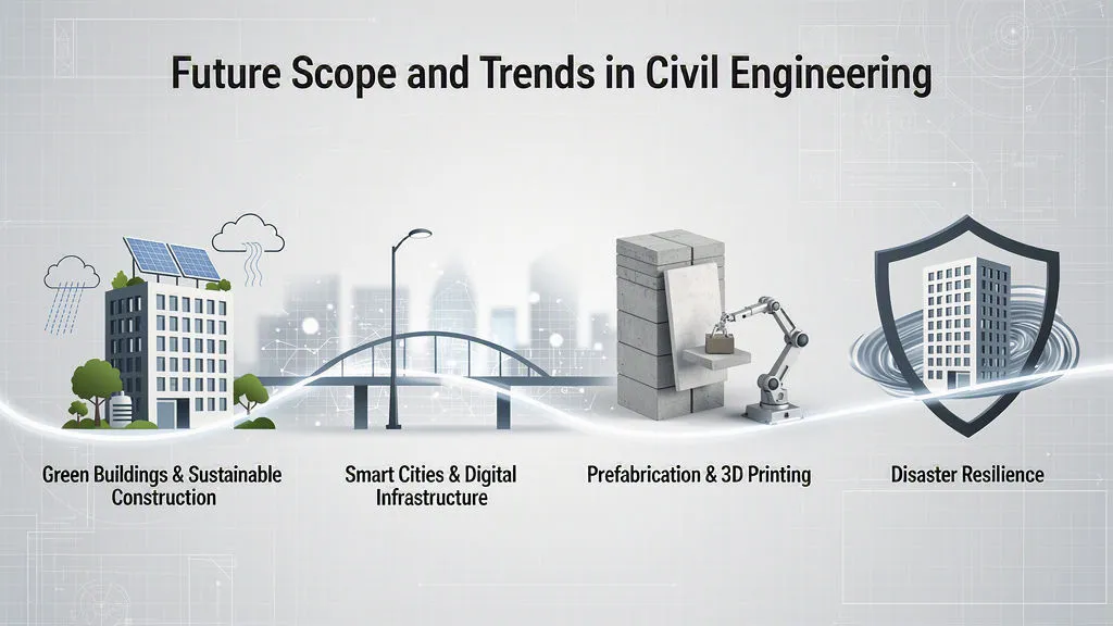 16:9 educational banner showing future scope and trends in civil engineering with green buildings, smart city infrastructure, prefabrication, disaster resilience, and AI plus environmental solutions, with the text “Future Scope & Trends in Civil Engineering”.