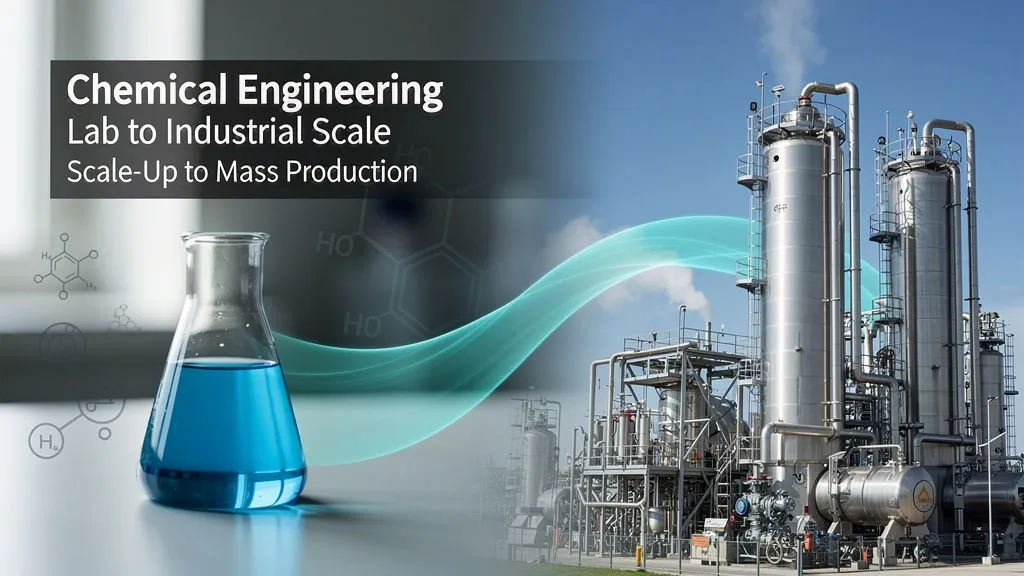 Lab beaker next to a large industrial chemical plant showing the scale-up from chemistry to chemical engineering.