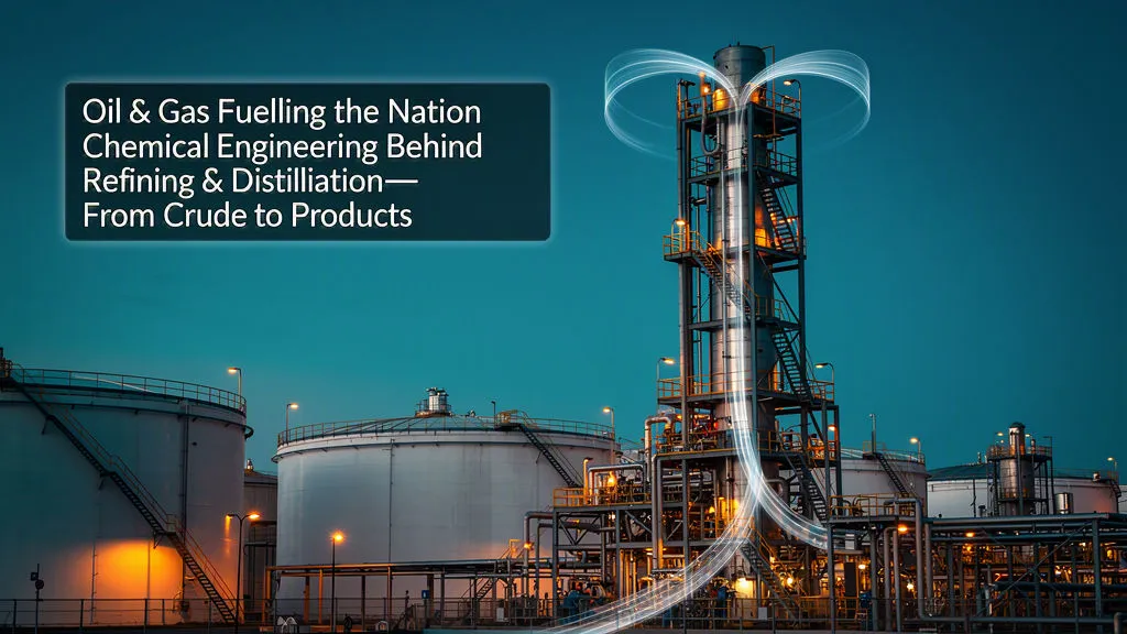 Oil refinery at dusk with a tall distillation column and chemical engineering theme, with text “Oil & Gas: Fuelling the Nation”