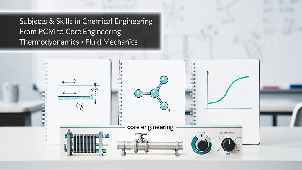 Classroom-style banner showing subjects and skills in chemical engineering, mapping PCM (physics, chemistry, math) to core topics like thermodynamics and fluid mechanics, with the text “Subjects & Skills in Chemical Engineering.”
